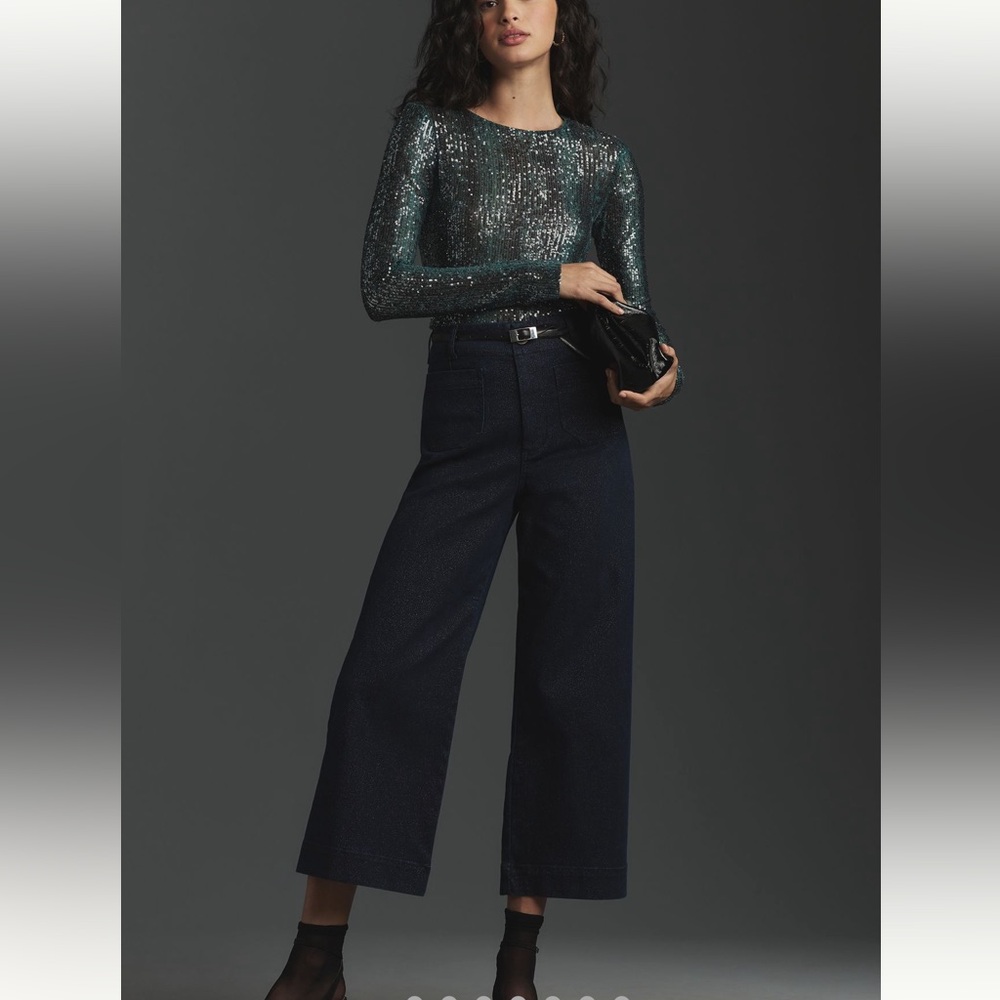 The Colette Sparkle Denim Cropped Wide-Leg Jeans by Maeve in Rinse Wash